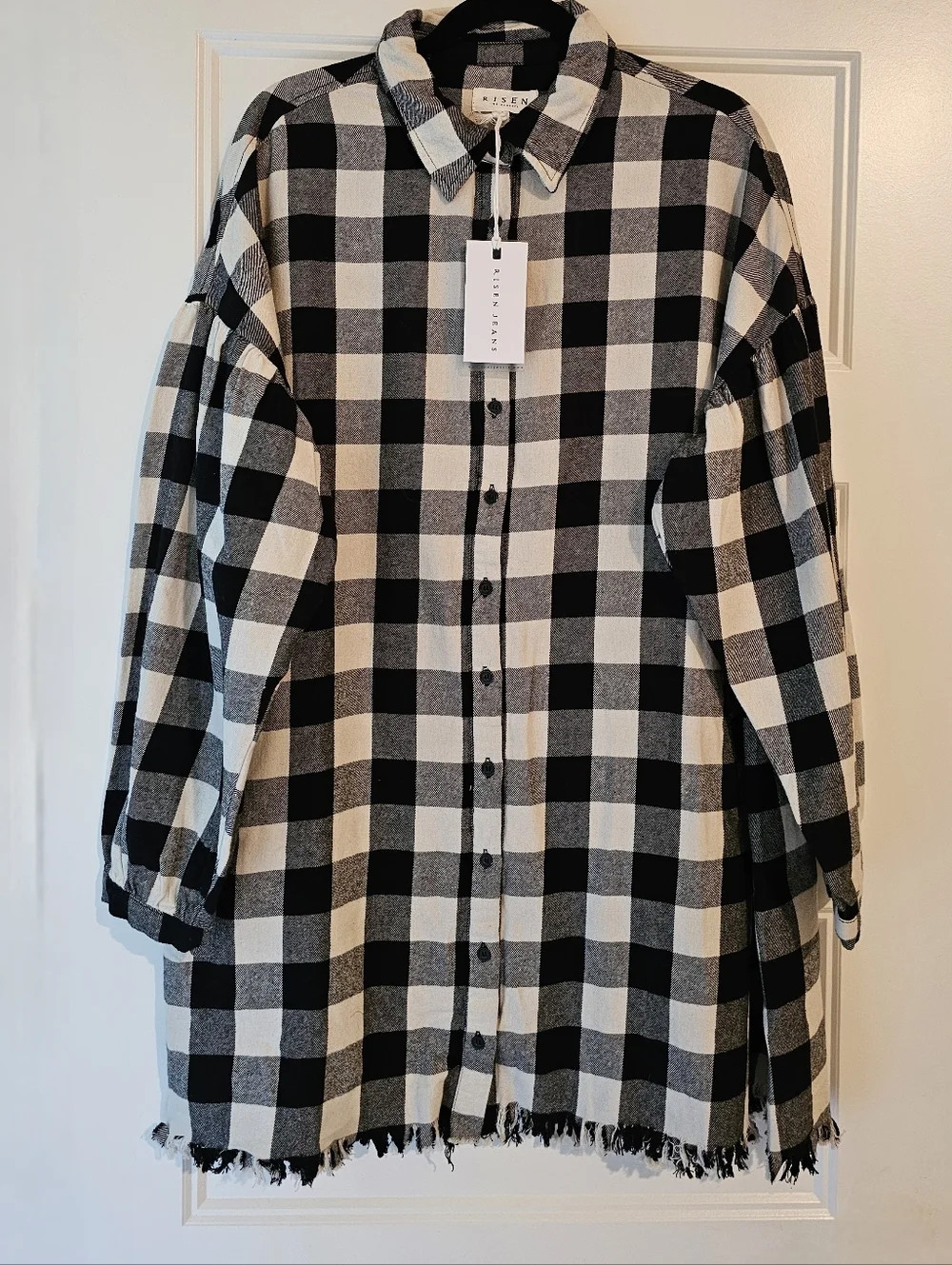 New RISEN Los Angeles Buffalo Plaid Shacket Shirt Dress Raw Hem Sz Lg - Picture 5 of 5